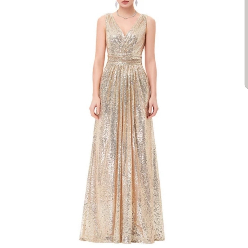 Kate Kasin Gold Sequin Floor Length Formal Dress